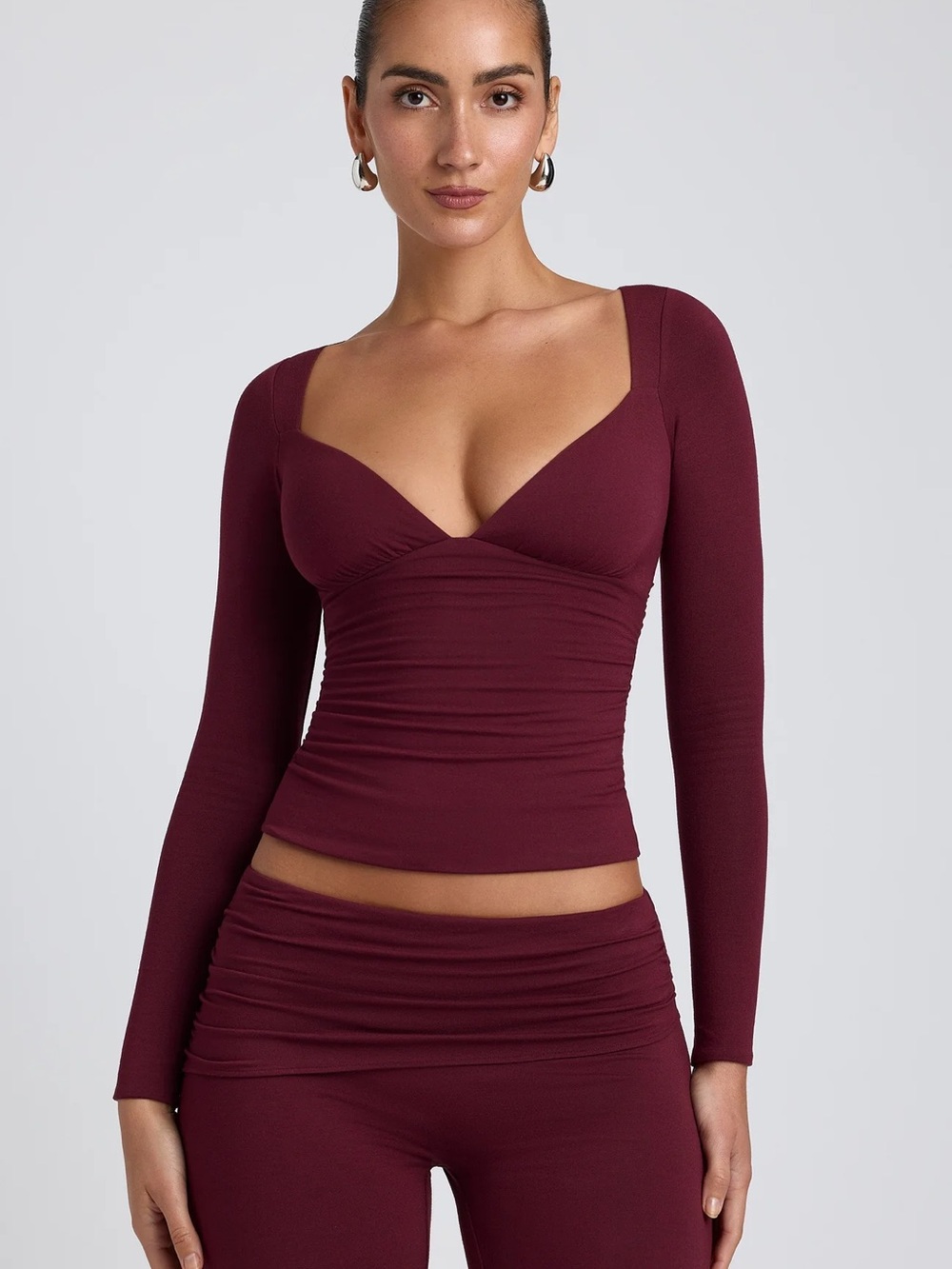 Oh Polly EMRY $48msrp Burgundy Long Sleeve Ruched Top